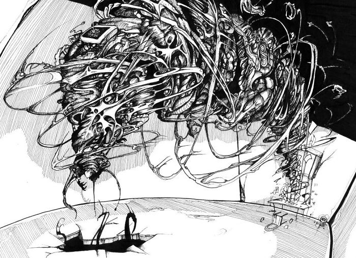 Abstract artwork depicting depression with intricate swirling patterns and dark tones.