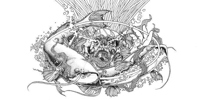 Intricate black and white drawing depicting depression, featuring chaotic fish and abstract elements swirling around a central skull.