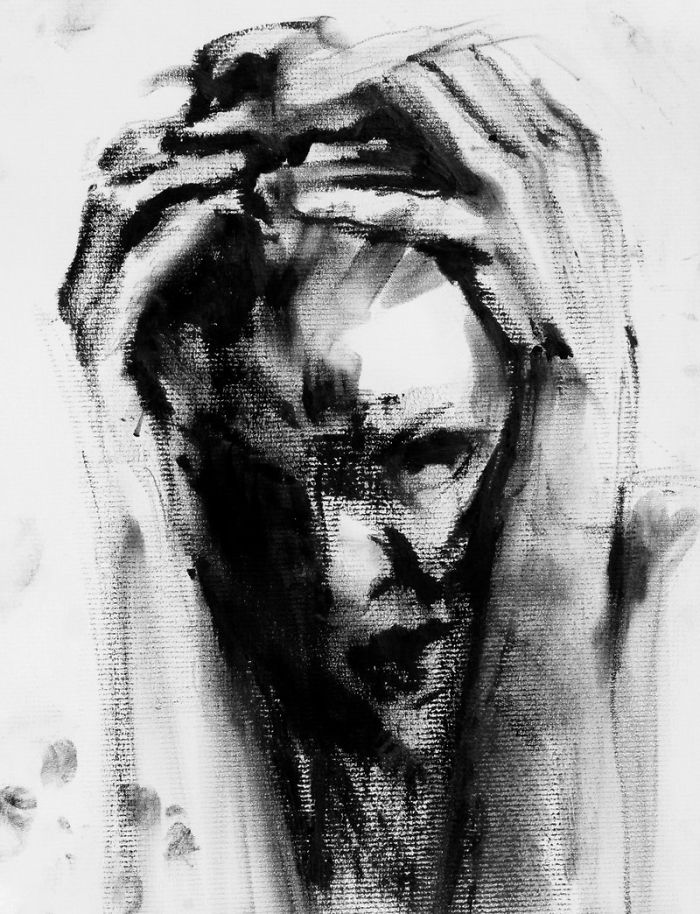 Abstract painting illustrating depression, with monochromatic tones and a distorted human face conveying emotional turmoil.