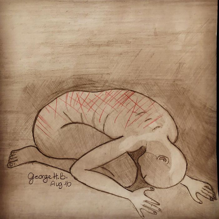 A sketched figure curled up, with red lines showing depression, on a textured background.