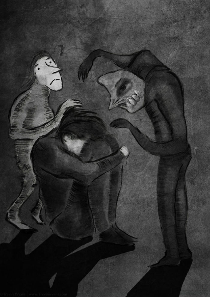 Abstract depiction of depression by artists, showing distressed figures in a dark, surreal setting.