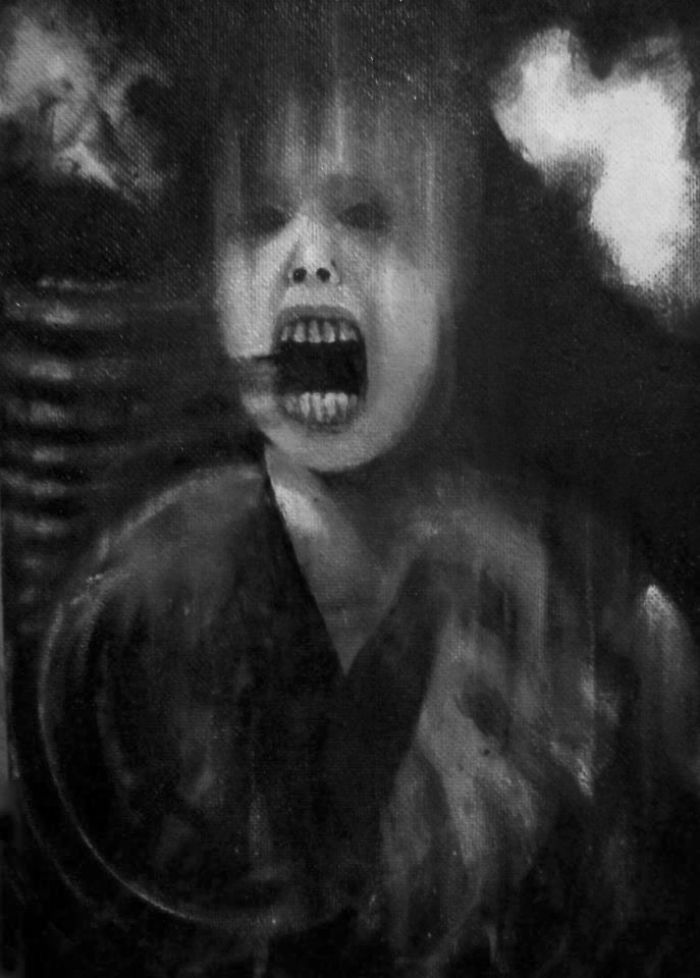 Abstract black and white painting depicting the feeling of depression with a distorted face and blurred features.