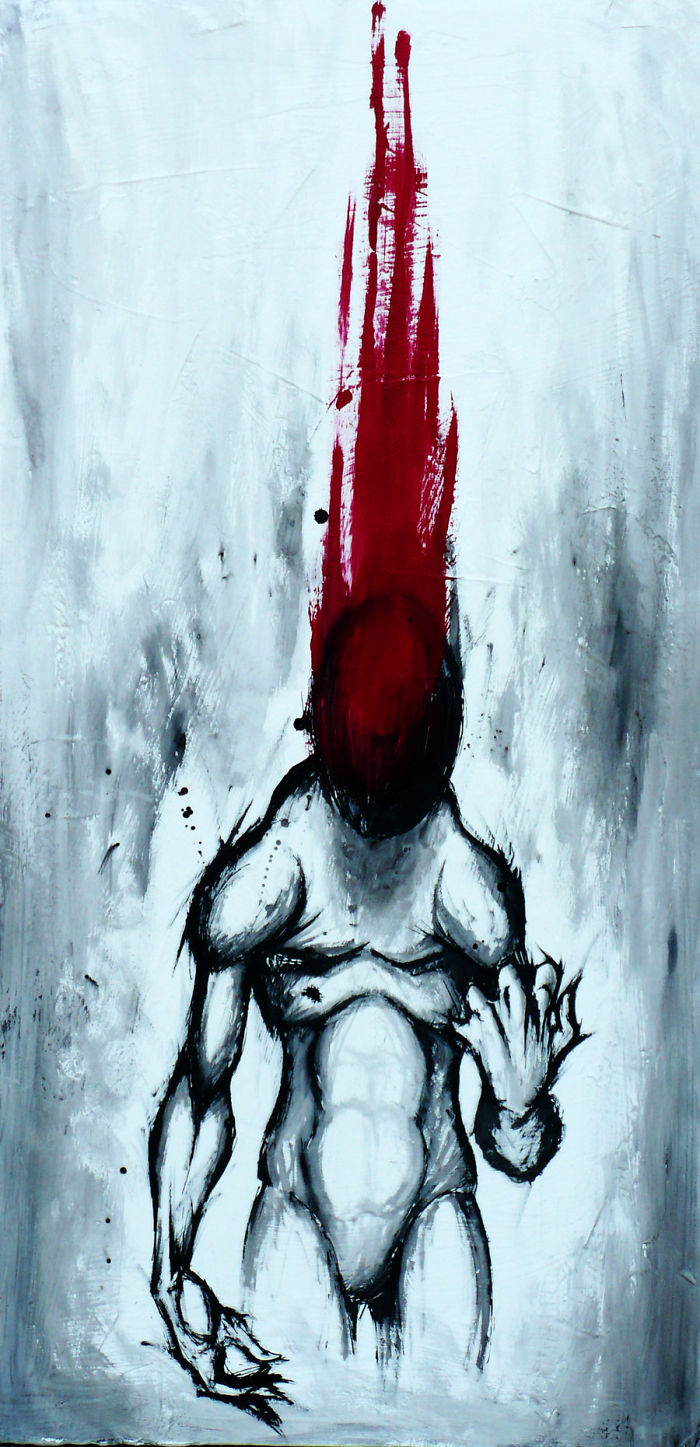 Abstract artwork depicting depression with a headless figure in grayscale and red streaks on a textured background.