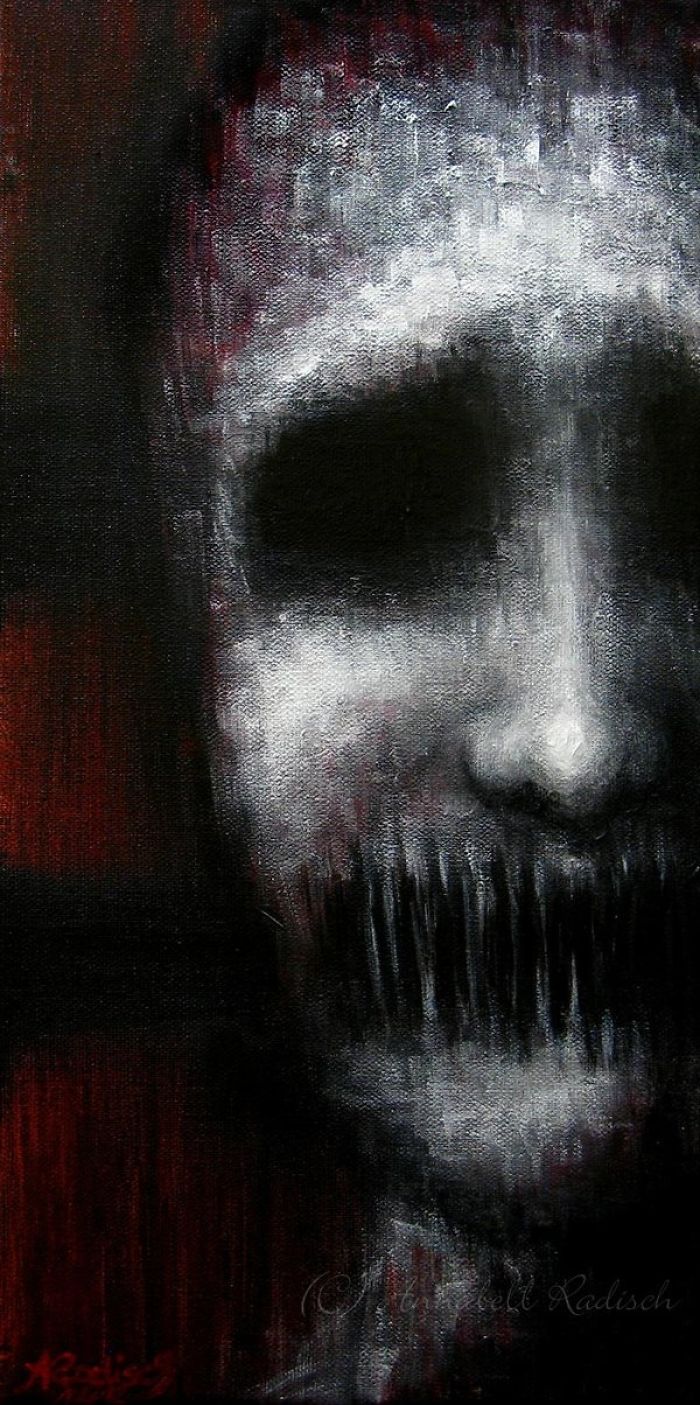 Abstract painting by an artist depicting depression, showing a dark, distorted face with blurred features.