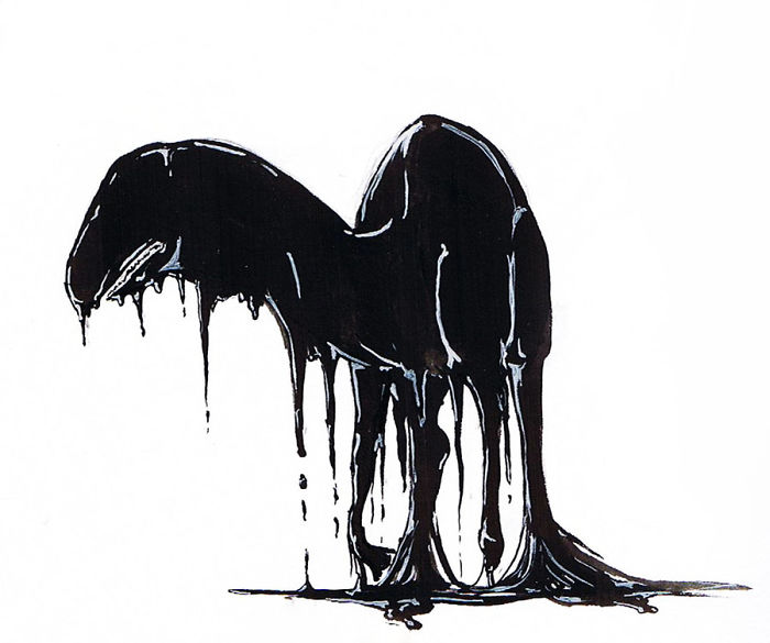 Abstract rendering of depression in black ink, depicting a misshapen, melting form on a white background.