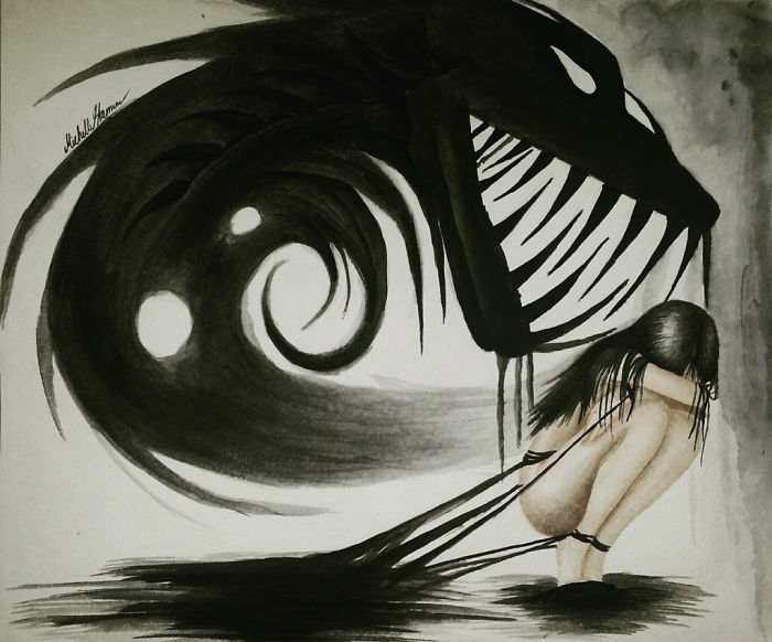 Artistic depiction of depression as a dark, looming monster behind a person curled up, highlighting emotional struggle.