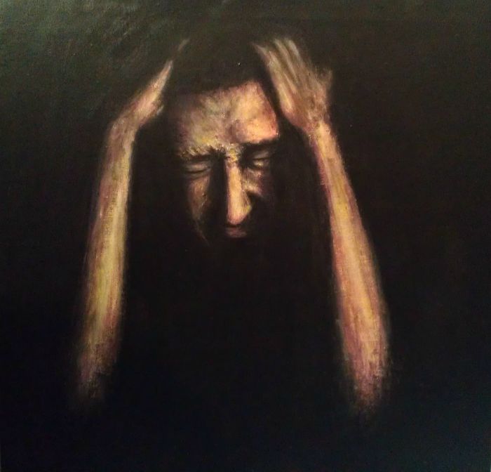 A painting depicts a person holding their head in distress, illustrating depression through dark, moody colors.