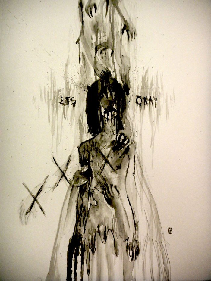 Abstract art depicting depression, with dark tones and a distorted figure, conveying emotional depth and struggle.