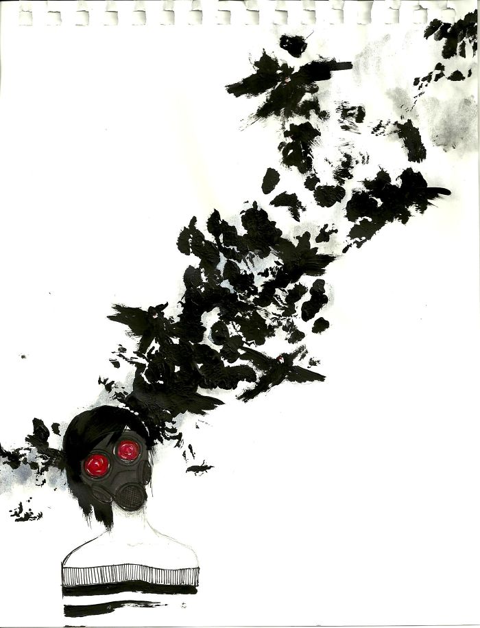 A figure with a gas mask and abstract, dark brushstrokes depicting depression.