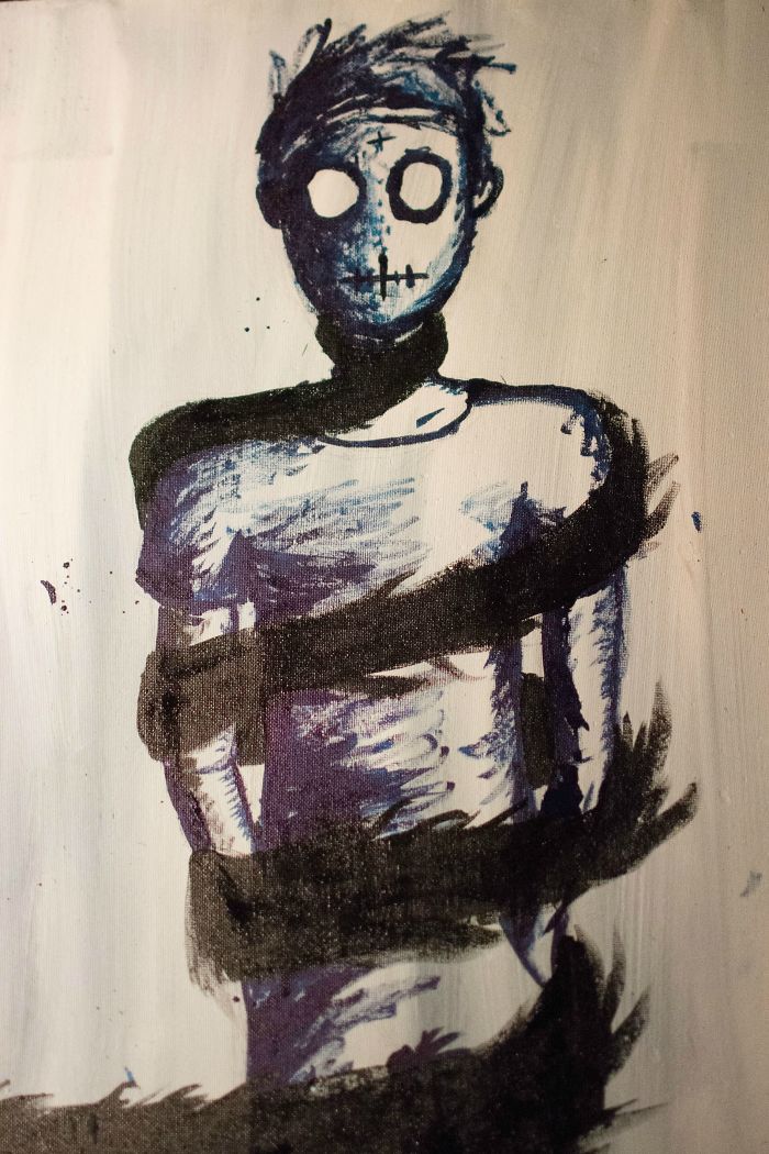 Abstract painting depicting depression with a ghostly figure wrapped in dark brushstrokes.