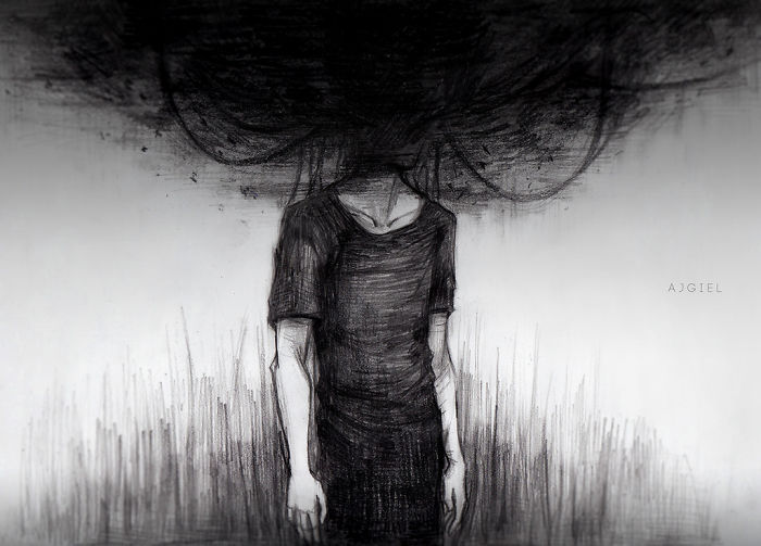 Artistic depiction of depression: a figure in dark clothing with a chaotic, clouded head blending into the background.