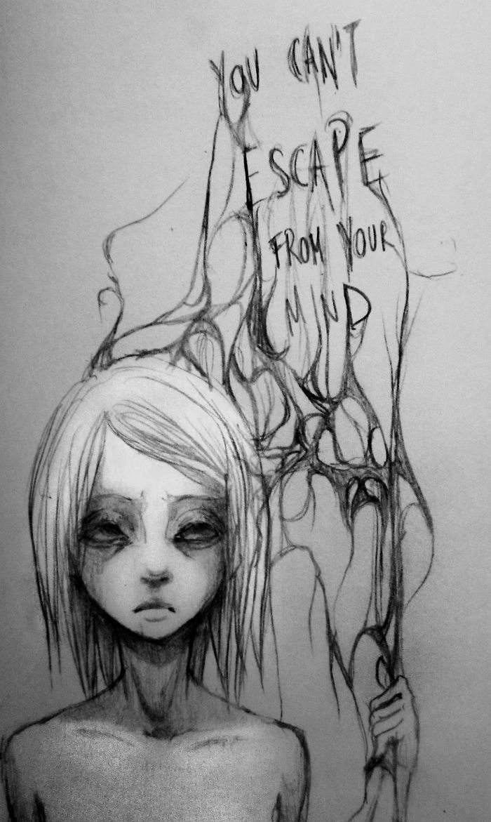 Sketch of a person with empty eyes holding a tangled shape, symbolizing depression. Text says, "You can't escape from your mind."