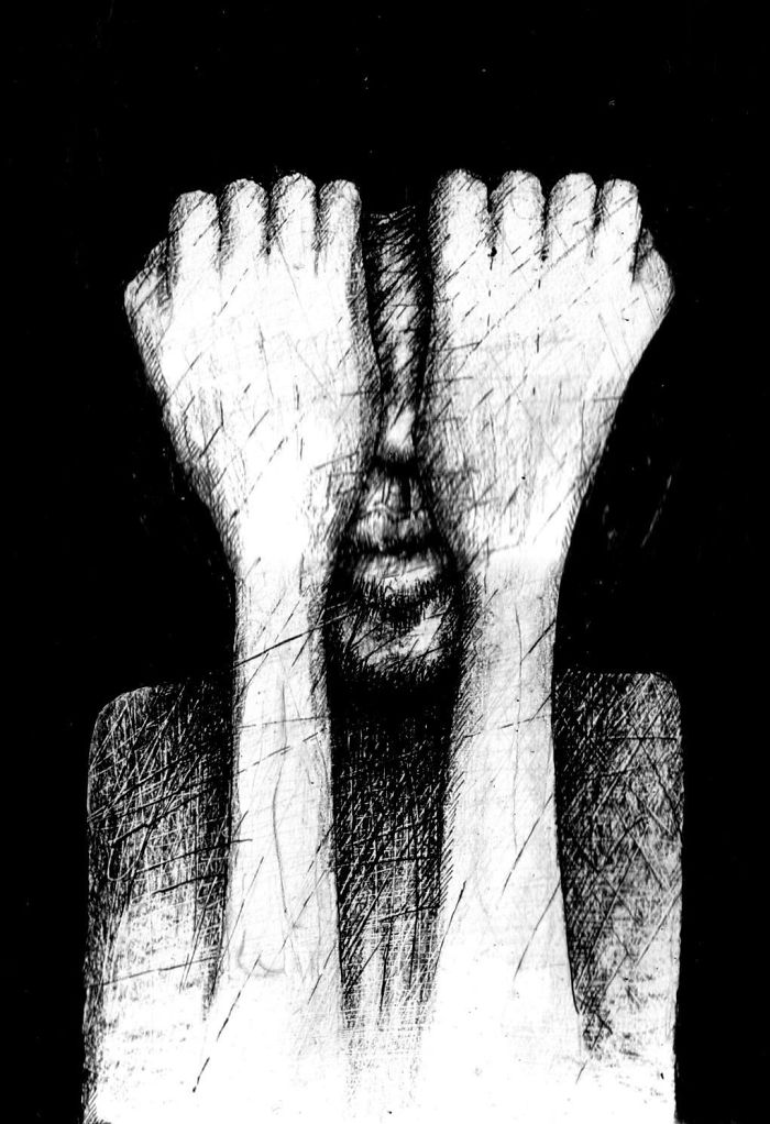 Abstract depiction of depression with a figure covering their face, showcasing emotional distress.