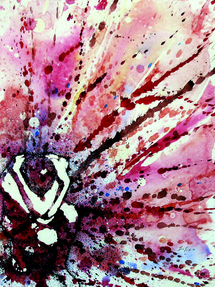 Abstract painting with splashes of red and pink colors, expressing artists' interpretation of depression.