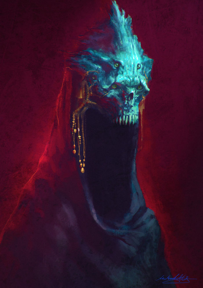 Abstract depiction of depression with a haunting figure featuring a skeletal face and dark, eerie atmosphere.