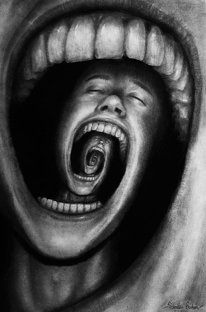 Artistic representation of depression, featuring a distorted face within a large open mouth.