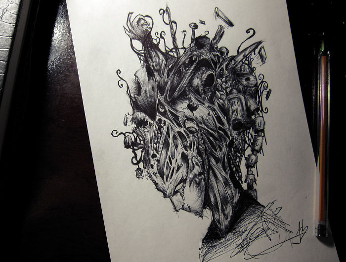 Abstract ink drawing depicting depression with chaotic elements and dark tones, illustrating a complex emotional state.
