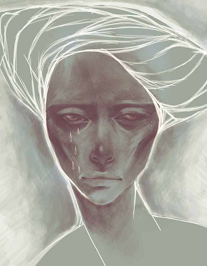 Artistic depiction of depression in muted tones, featuring a somber face with tears.