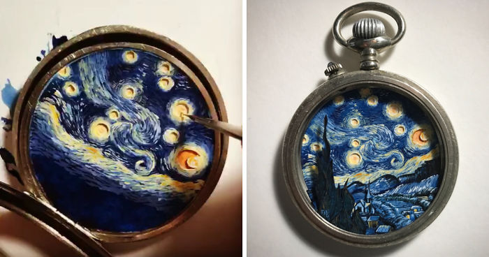 I Created A ‘Starry Night’ Miniature Painting Inside A Vintage Pocket Watch