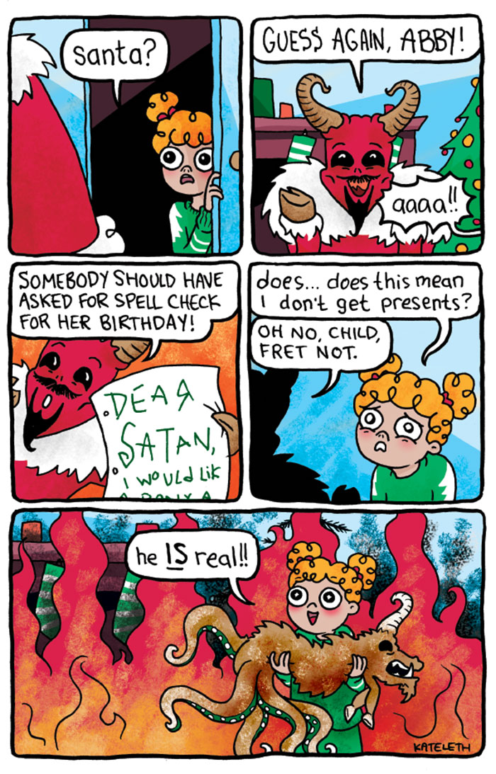 Funny Christmas comic with a child mistaking Santa for Satan, leading to a humorous gift mix-up.