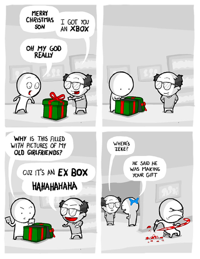 Funny Christmas comic about a prank gift of an "EX Box," referencing old girlfriends, leading to a humorous reaction.