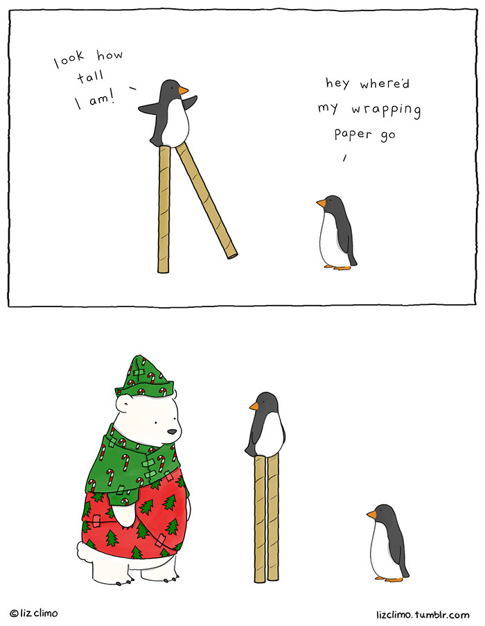 Funny Christmas comic featuring penguins and a polar bear in holiday wrapping paper.