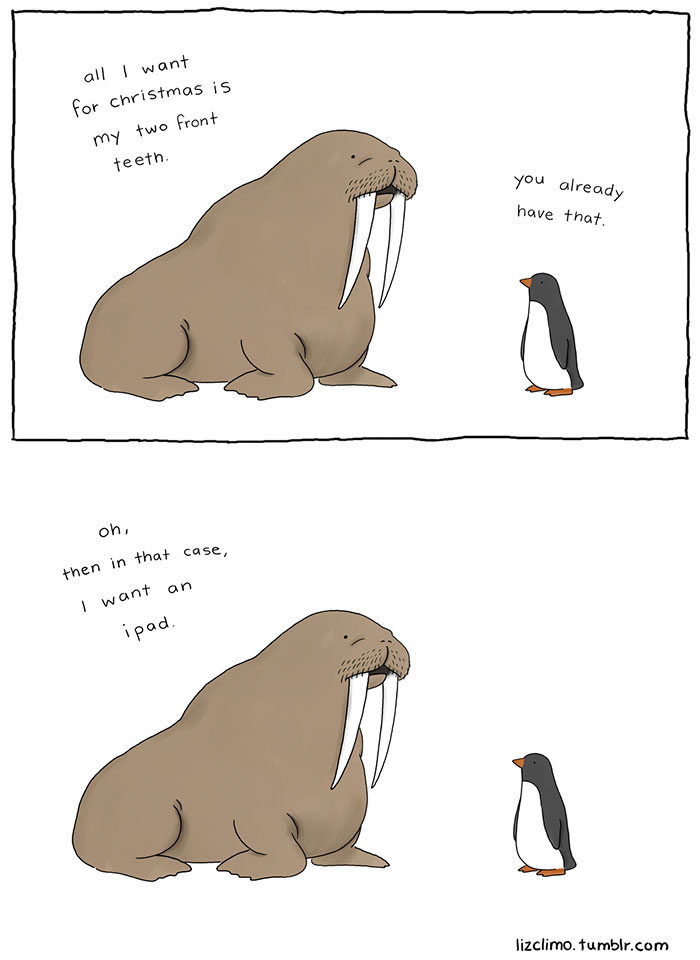 Walrus and penguin in funny Christmas comic about holiday gifts and front teeth.