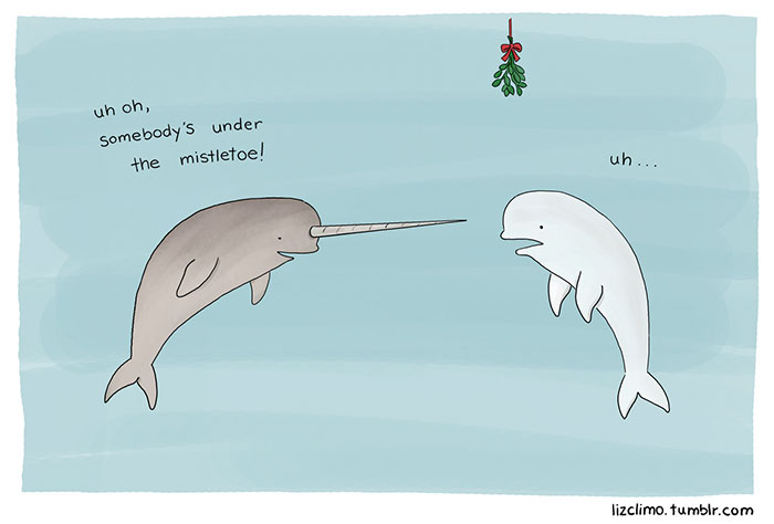 Funny Christmas comic with narwhal and beluga whale under mistletoe, exchanging awkward looks.