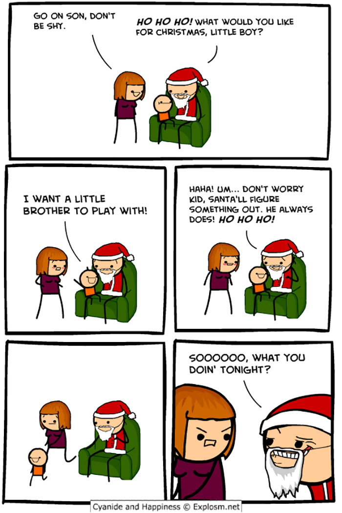 Funny Christmas comic with a kid asking Santa for a little brother, and Santa hinting at a solution to the mom.
