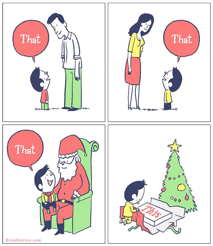 Child humorously asks dad, mom, and Santa for "that" gift and gets it under the Christmas tree. Funny Christmas comic.