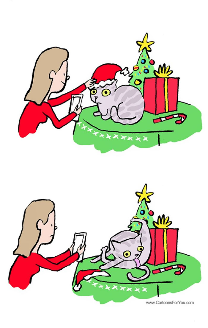 Cartoon of a woman taking photos of a cat wearing a Santa hat, with a Christmas tree and gifts nearby.