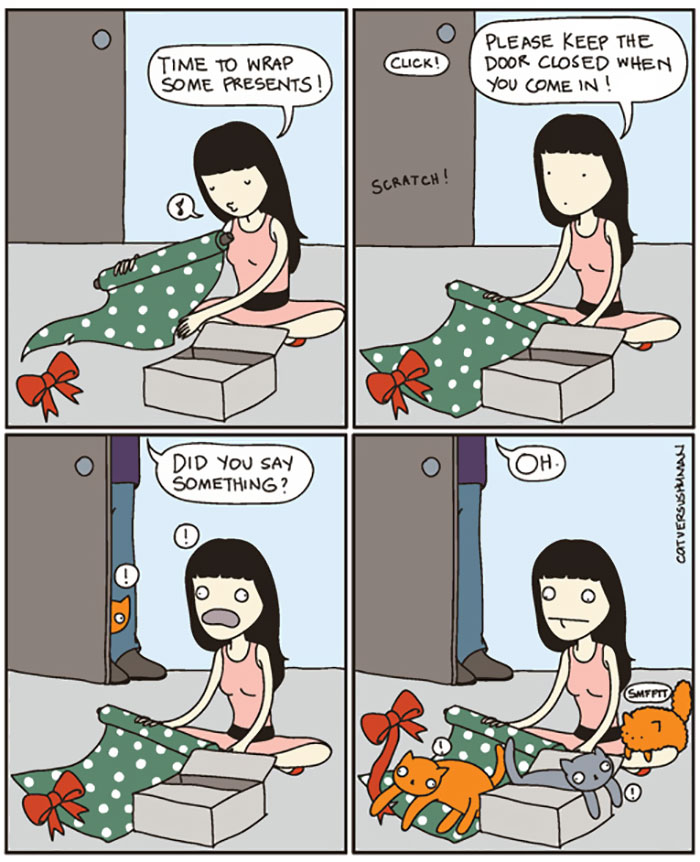 Woman wrapping presents interrupted by cats in a funny Christmas comic.