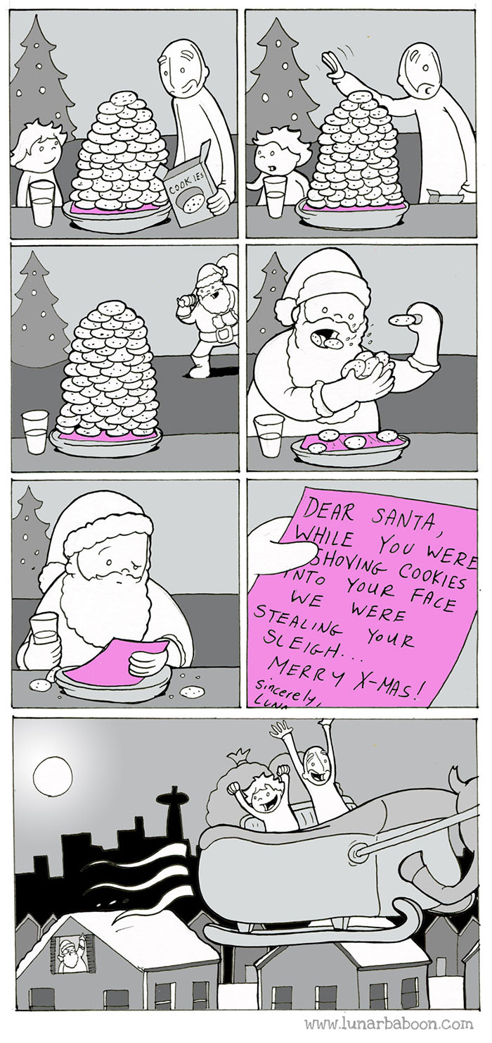 Funny Christmas comic with Santa distracted by cookies while kids steal his sleigh.