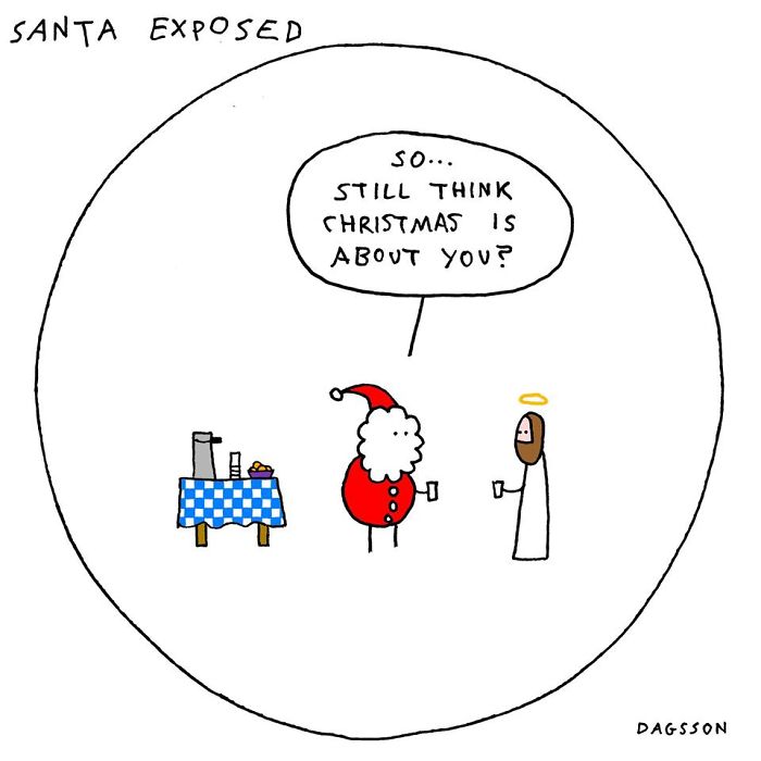 Santa and another character discuss the true meaning of Christmas in a funny comic illustration.