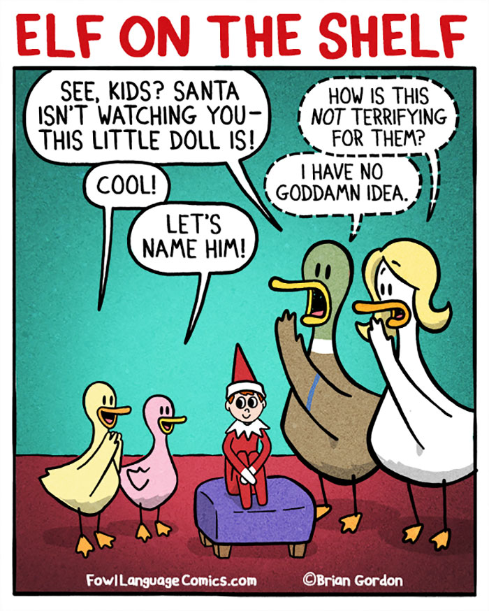 Funny Christmas comic with ducks discussing an Elf on the Shelf supervising kids.