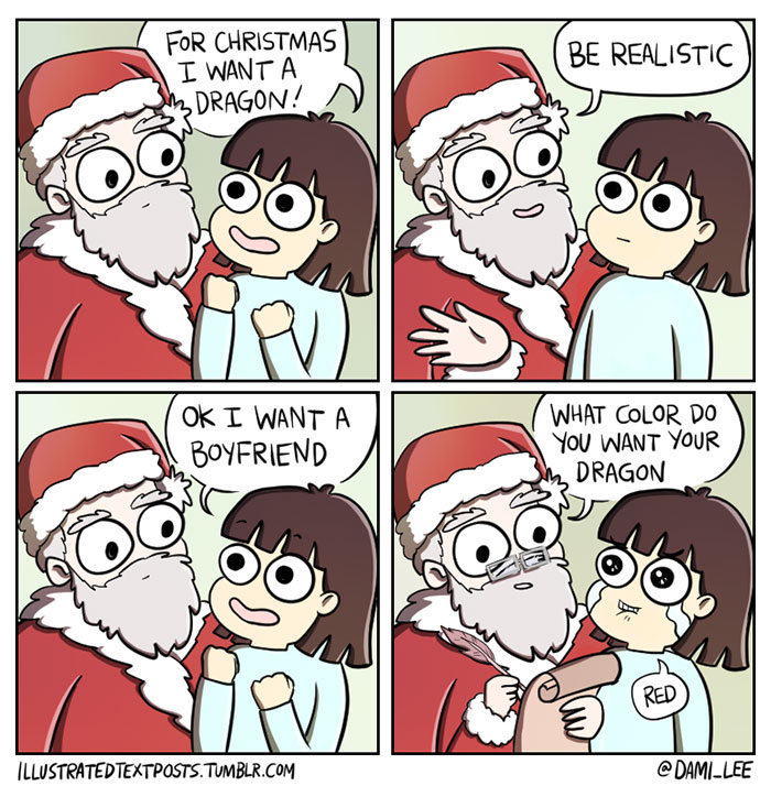 Santa in a Christmas comic humorously granting a dragon request to a child after declining a boyfriend.