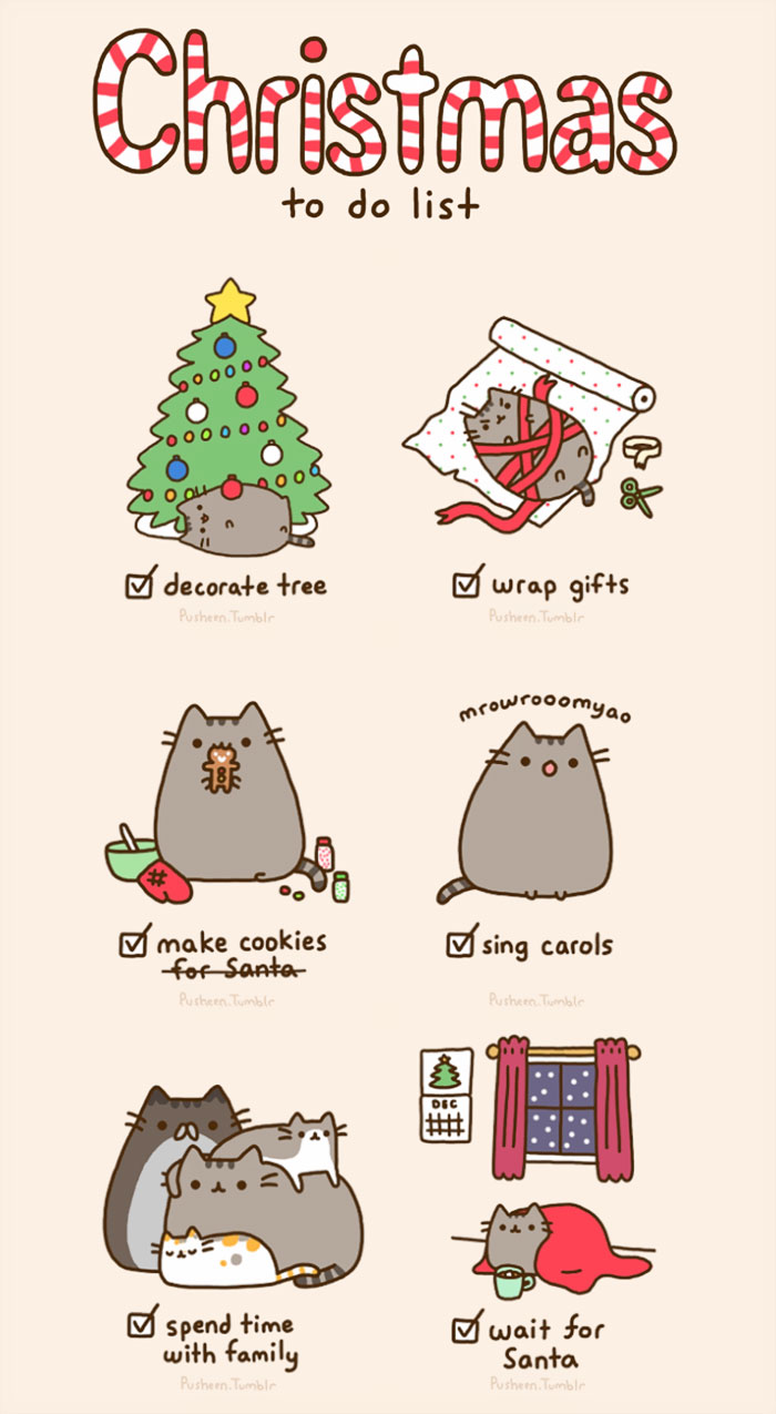 Christmas comic with a cute cat completing a festive to-do list, like decorating the tree and waiting for Santa.