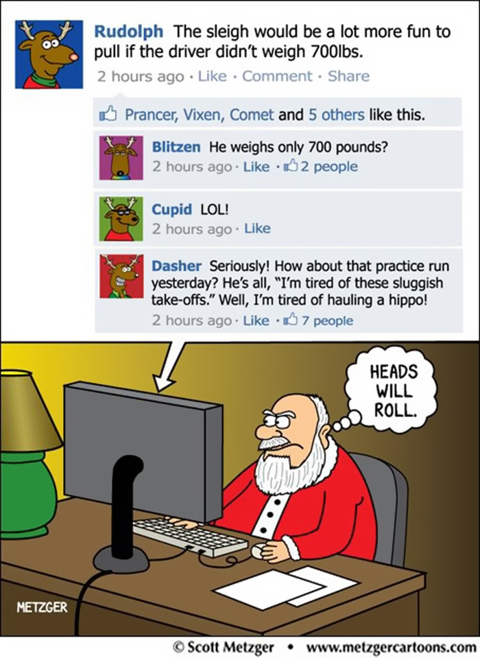 Funny Christmas comic with Santa reading reindeer comments on his weight and reacting angrily.