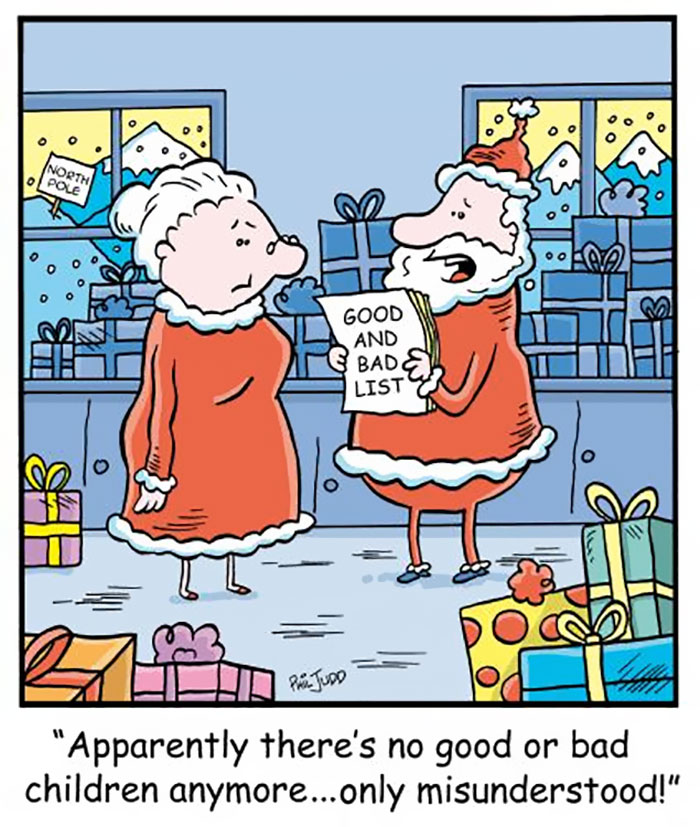 Funny Christmas comic with Santa reading a "Good and Bad List," discussing misunderstood children.