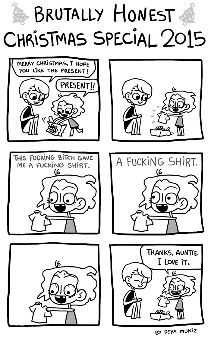 Funny Christmas comic showing a child receiving a shirt as a present and reacting with surprise and sarcasm.