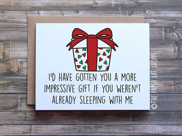 Rude Christmas card with a wrapped gift illustration and humorous message about gift-giving in a relationship.