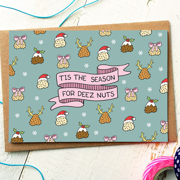 Rude Christmas card with humorous phrase and festive icons, perfect for a twisted sense of humour.