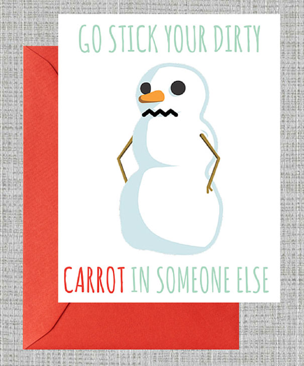 Rude Christmas card with a snowman, featuring a humorous message, on a red envelope.