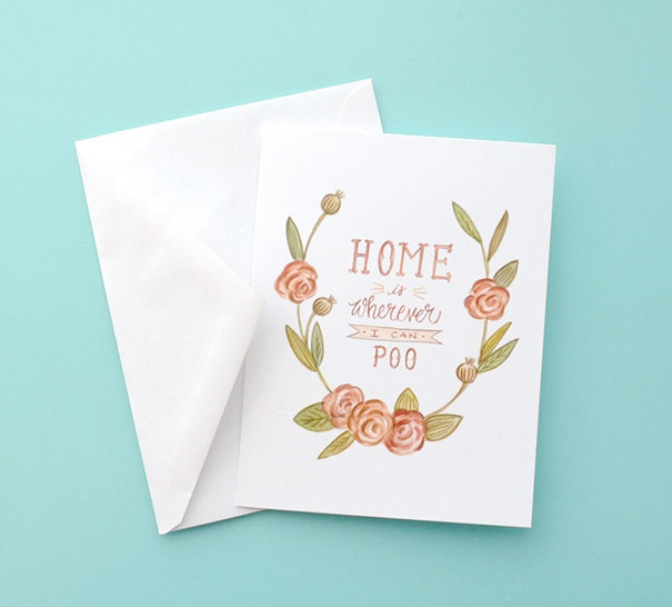 Rude Christmas card with floral design reads "Home is wherever I can p*o" for a twisted sense of humor.