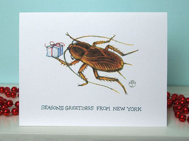 Rude Christmas card with a cockroach holding a gift, captioned "Seasons Greetings from New York."