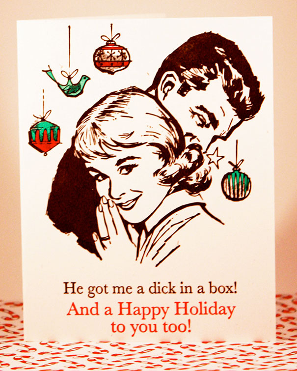 Rude Christmas card with retro couple, featuring bold text and festive decorations.