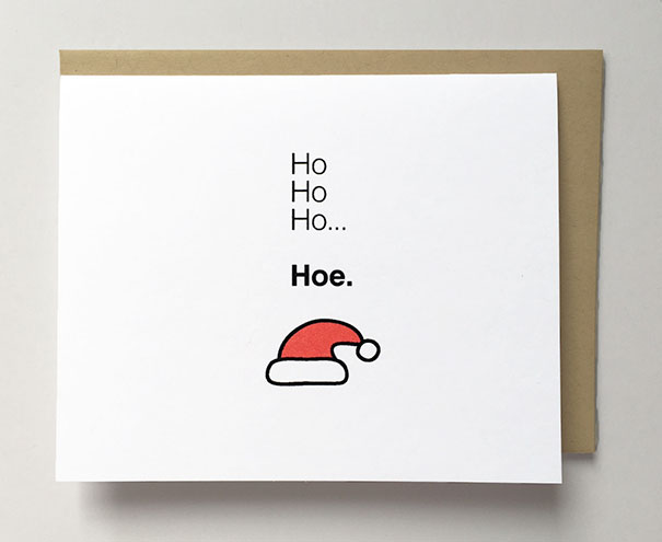 Rude Christmas card featuring "Ho Ho Ho... H*e" with a Santa hat illustration.