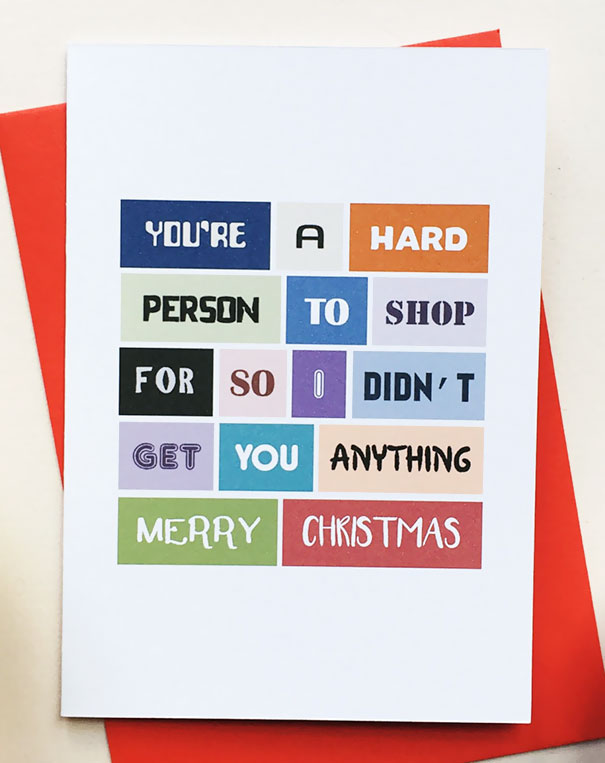 Rude Christmas card with colorful text humorously explaining why no gift was bought.