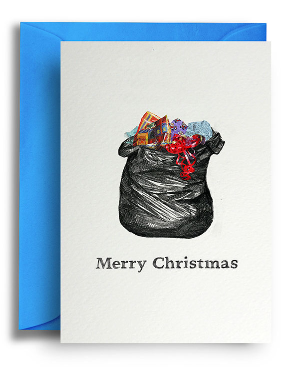 Hilariously rude Christmas card featuring a garbage bag filled with presents and the text "Merry Christmas."