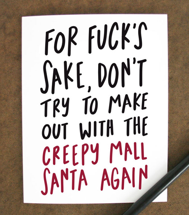 Rude Christmas card with a funny message about avoiding the mall Santa.